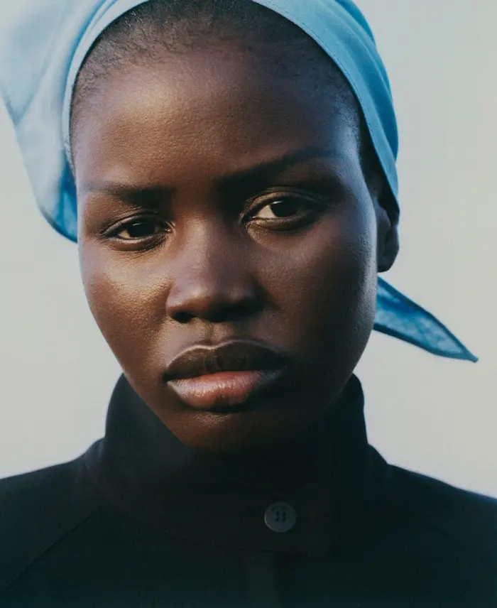 Portrait, blue headscarf close up